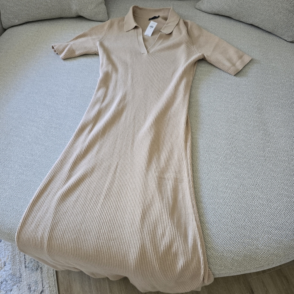 CashSoft Rib Johnny-Collar Midi Dress Size M Color Beige